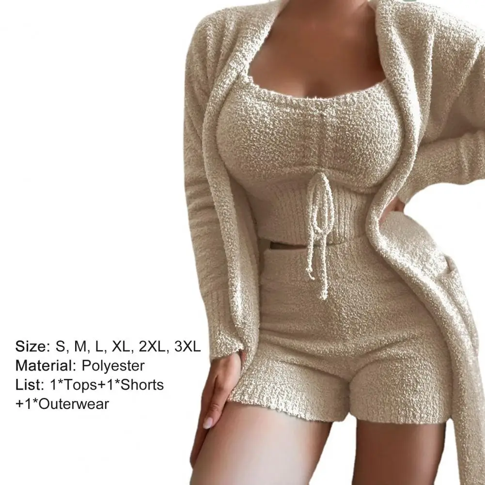 shorts and top set Ladies Short Sets Top Shorts Coat Solid Color Plush Waist Tight Three-piece Temperament Elastic Thick Sleepwear Set for Sleeping pj sets