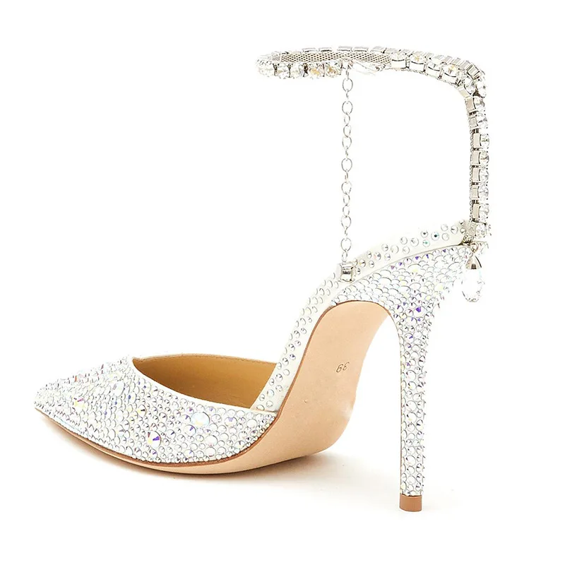 wedge heels Symphony Pointed high heels rhinestone chain sandals bridal Crystal Women Pumps Sexy Ankle strap wedding Shoes Slingbacks Party women's sandals for narrow feet