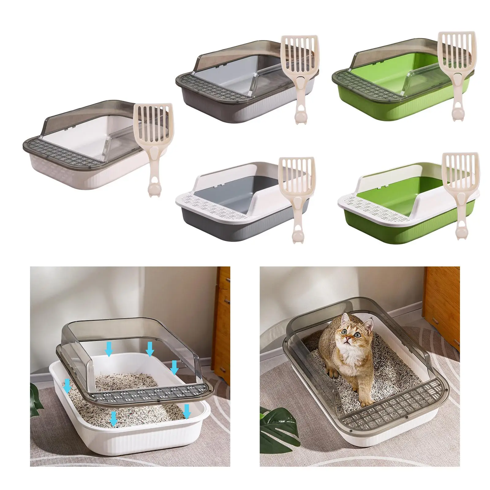 Open Top Pet Litter Tray with High Side Sturdy Semi Closed Cat Litter Box