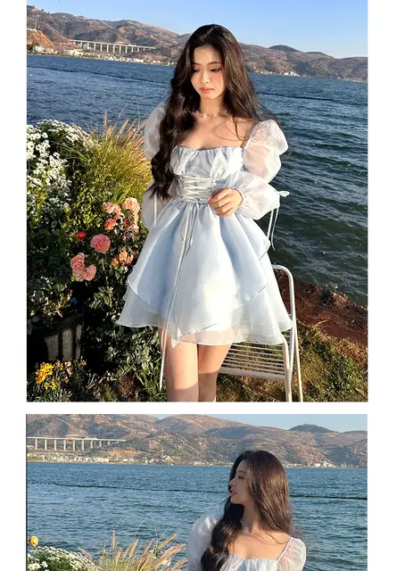 ライトブルーのカワイイミニドレス,エレガントな韓国のファッション