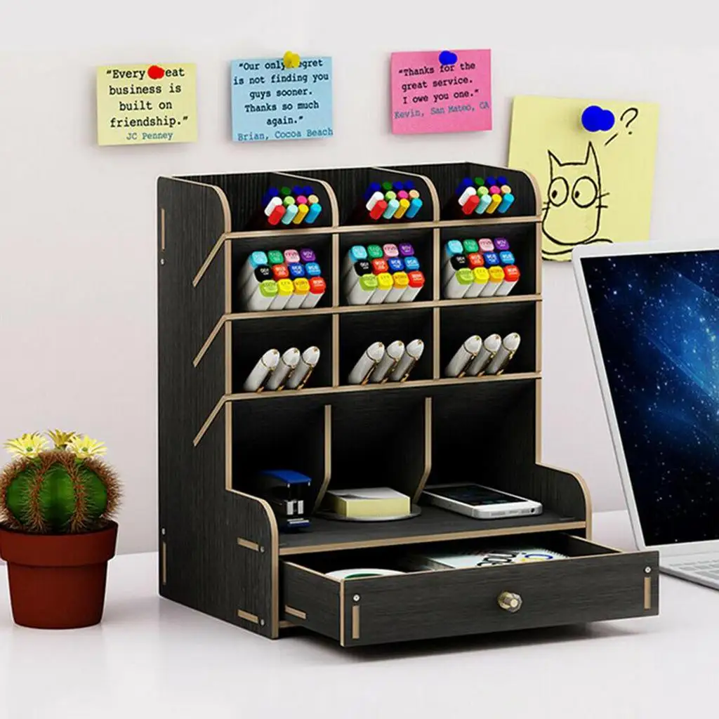 Wooden Desk Organizer, Multifunctional DIY Pen Holder Box, Desktop Stationary,