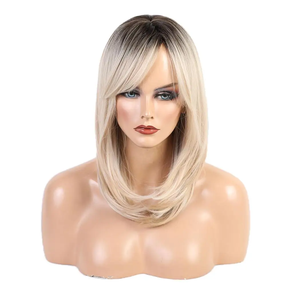 18 Inch Fashion Women Medium Straight Wigs W/ Inclined for Cosplay Costume party and daily Wear (Black Rooted Ombre Golden)