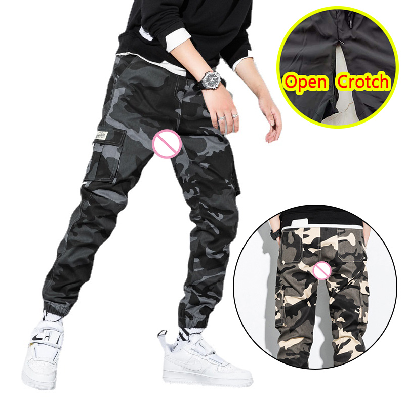 Description Picture 3 of itemMan Open Crotch Cargo Pants Sexy Gay Costume Camouflage Pattern Crotchless Long Trousers with Hidden Zipper Fashion Breathable