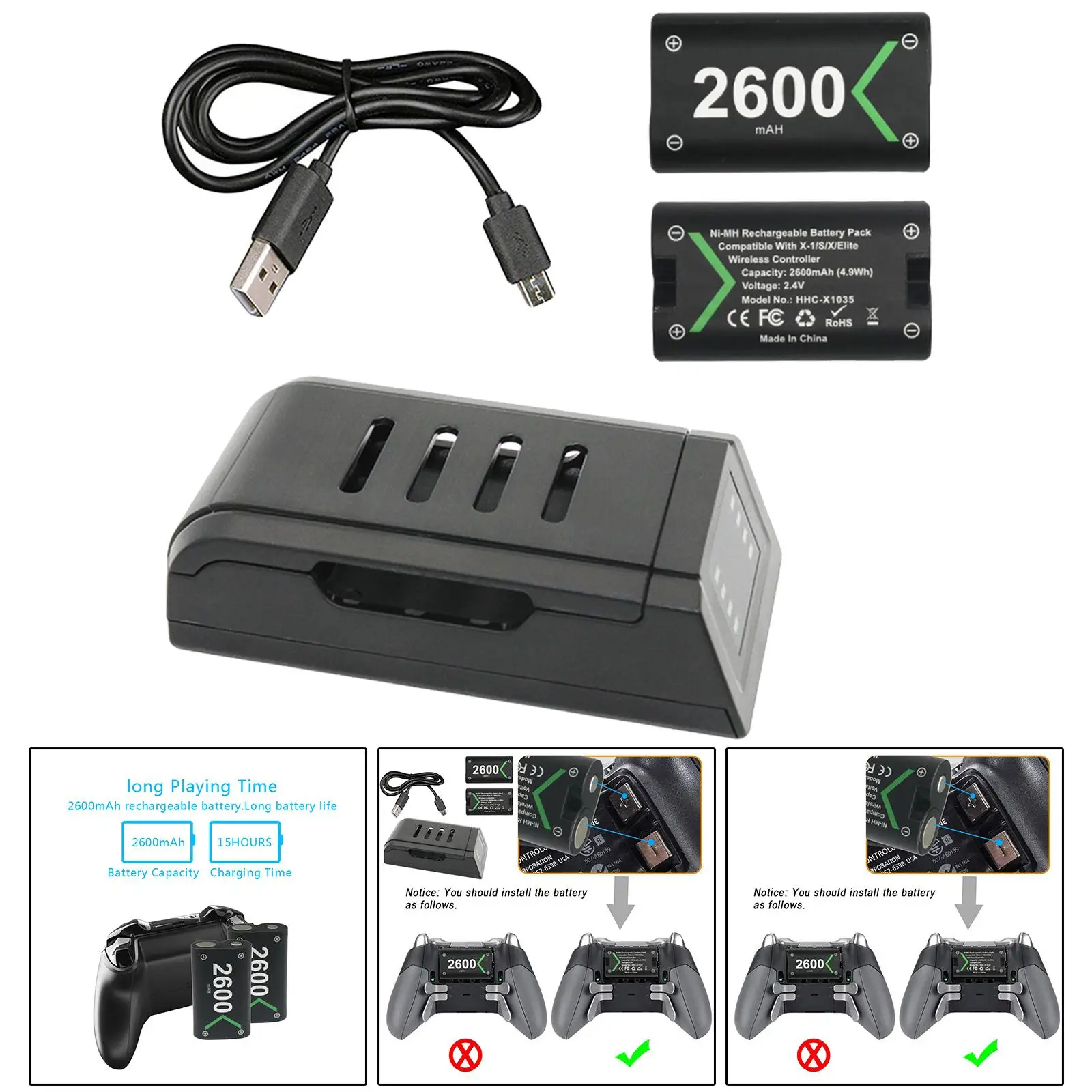 Controller Charger with 2x Rechargeable 2600mAh Battery for One Gaming Controller