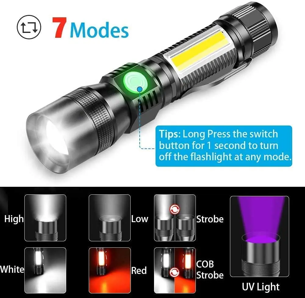 police torch 3 In 1 UV Flashlight Rechargeable Tactical Flashlight with Pocket Clip High Powered LED Light 7 Modes Waterproof for Camping power hand torch