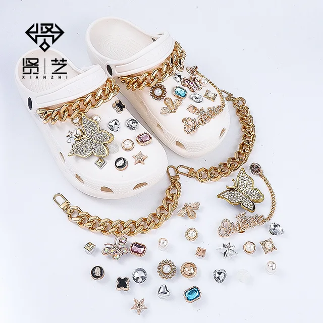 Croc Charms Designer Elegant Rhinestone Pearl Chains Butterfly Bundle Charms  For Crocs Diy Accessories Decoration - Shoe Decorations - AliExpress
