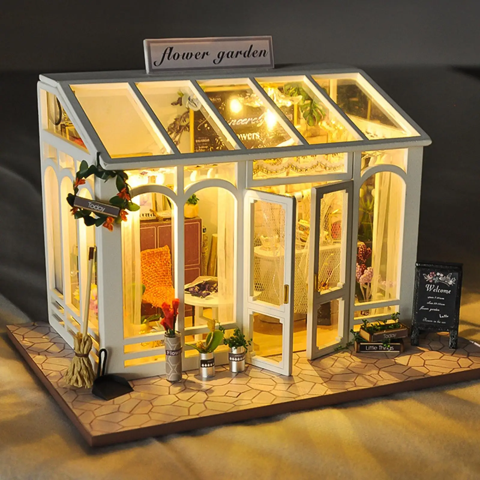 Handmade Wooden Dollhouse DIY Wood House Flower Garden House W/ LED Lights &