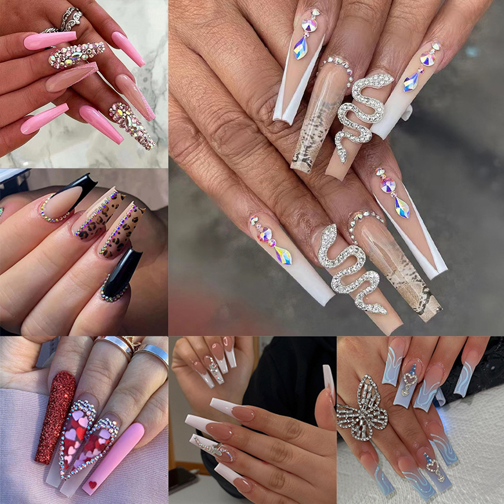 Best of 24pcs Artifical Fake Nails Long Coffin French Ballerina Wearable False Nail Tips Finished Rhinstones Flower Design Press On Nail Reviews & Tips