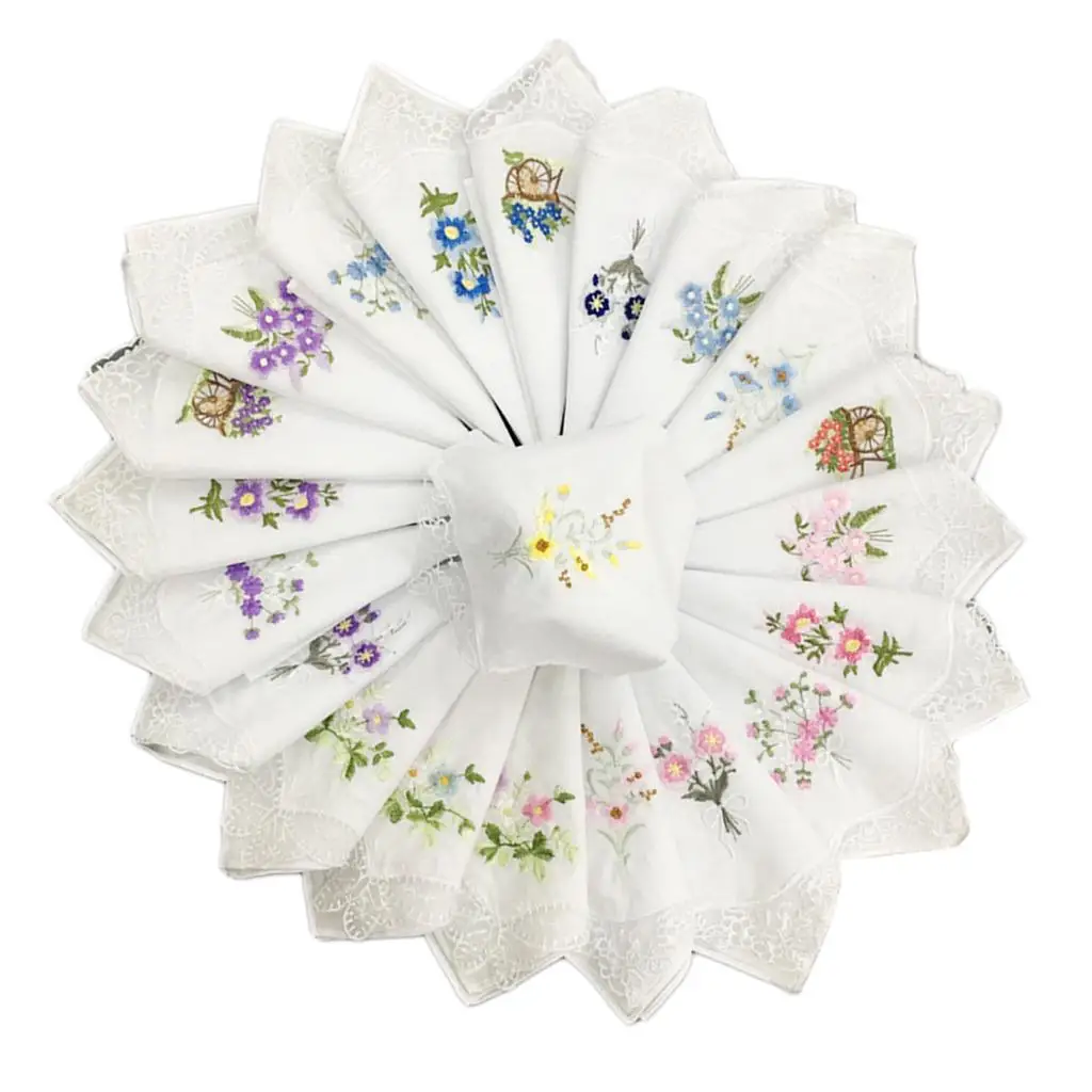 12x Pure Cotton Women Handkerchiefs Ladies Washable Embroidered Pocket Hankie