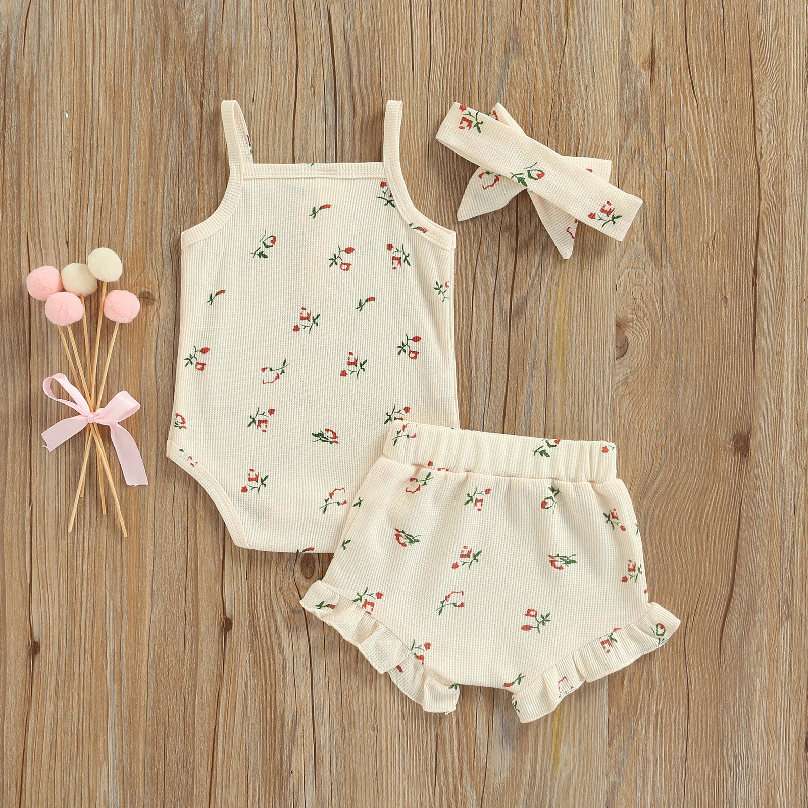 Infant Baby Girl’s Tops and Shorts Set Fashion Floral Suspender Romper and Short Pants with Headband baby clothes mini set