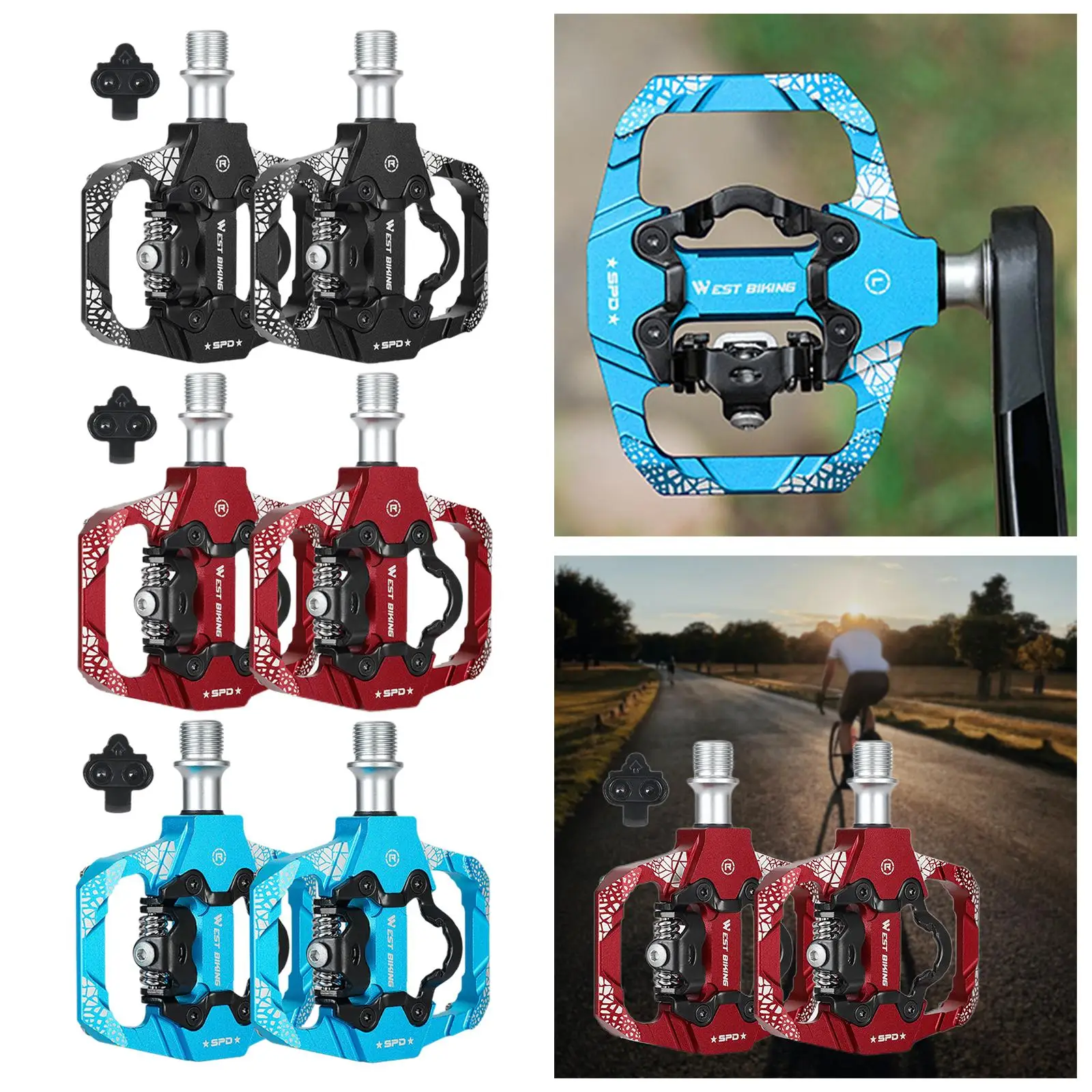 Bike Pedals, Aluminum Alloy Dual /16ǡ 3 Sealed Bearings Double Sided with Cleats for SPD Touring  Cycling Road