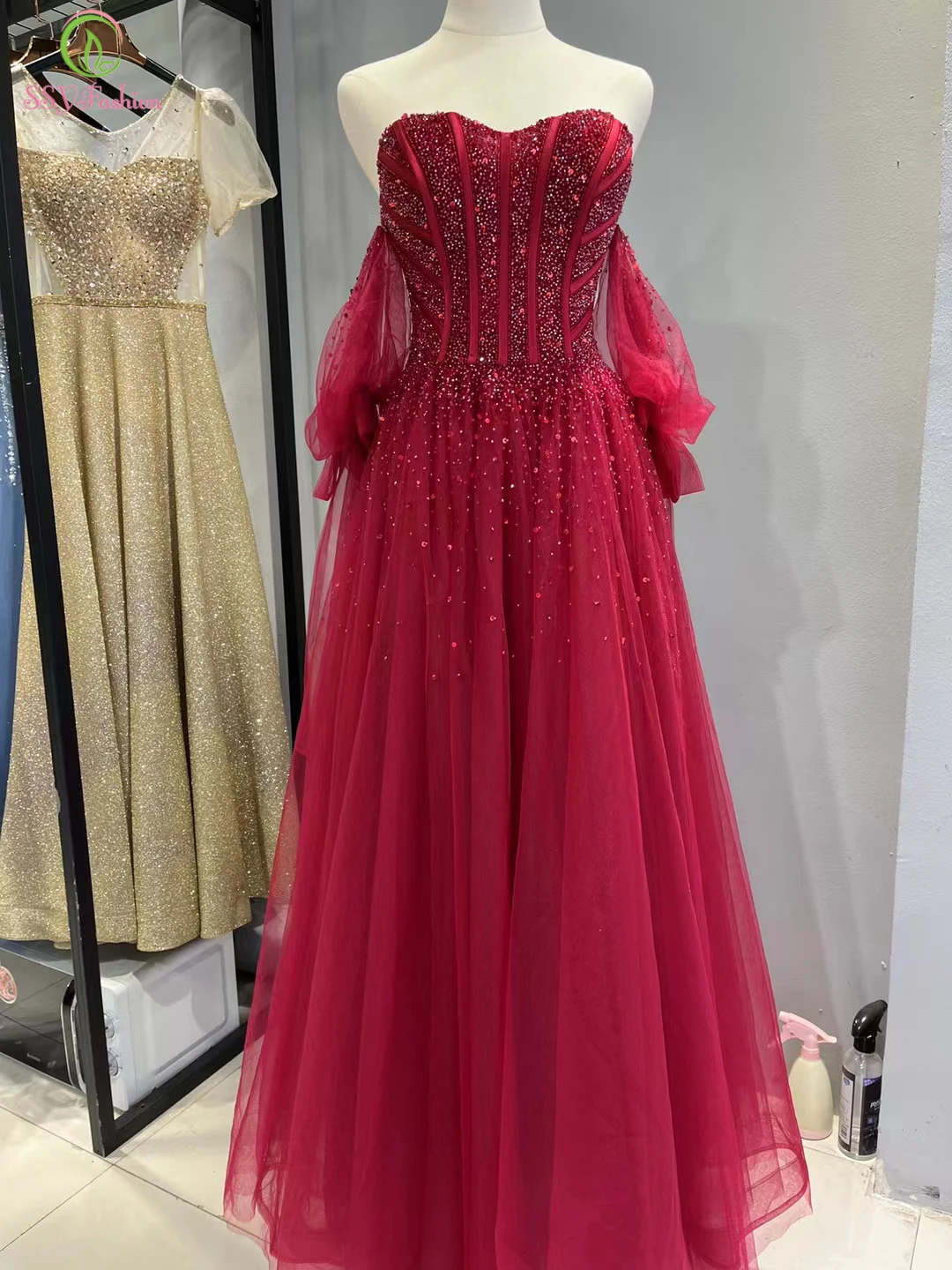 evening wear for women SSYFashion New Sweetheart Sequins Beading Evening Dress for Women Sexy Wine Red A-line Floor-length Luxury Formal Gowns Vestidos evening gowns for women