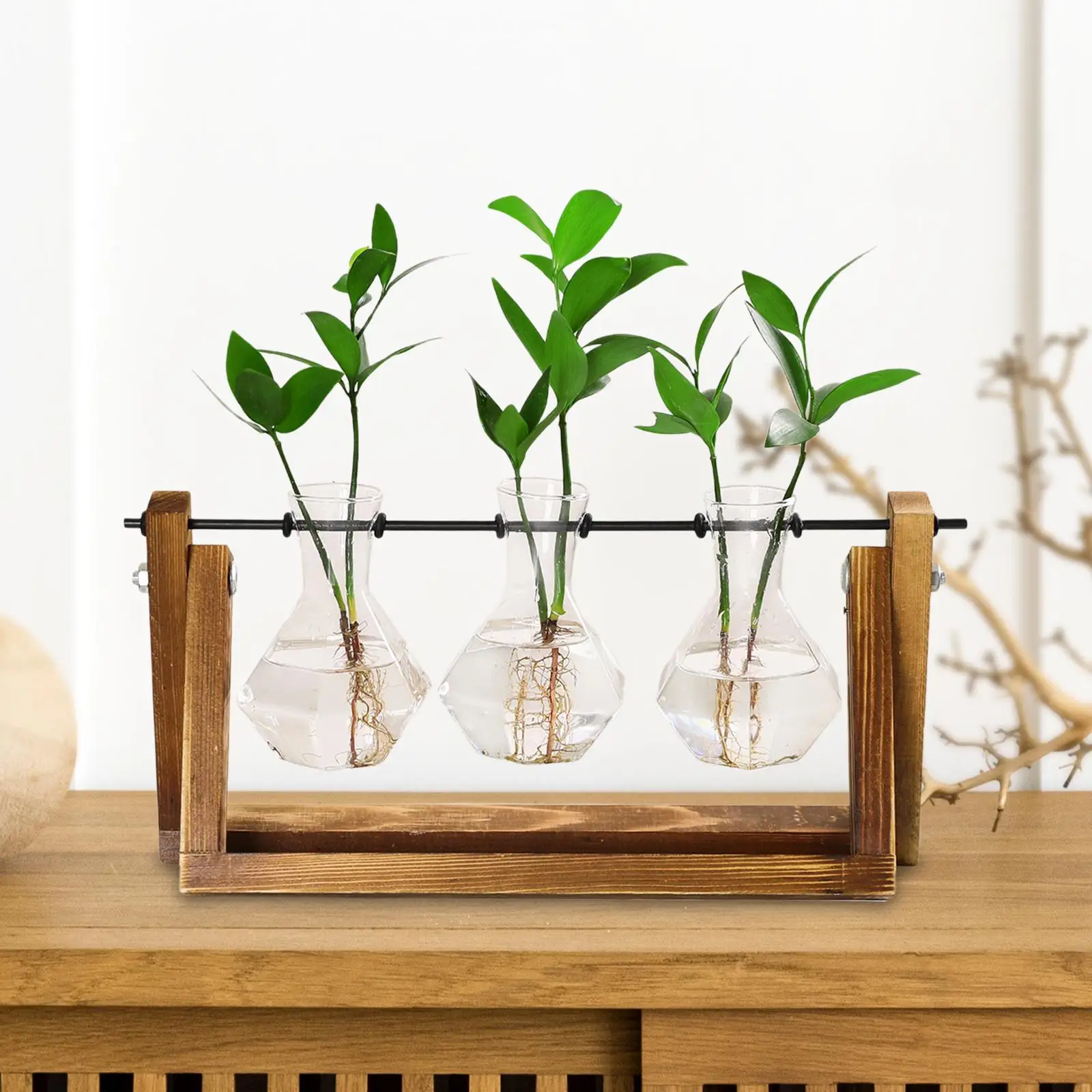 Glass Bud Vase Hydroponics Plants Wood Rack for Flowers Plant Stand Office Desk Decor Planter Holder for Shelf Wedding Bedroom