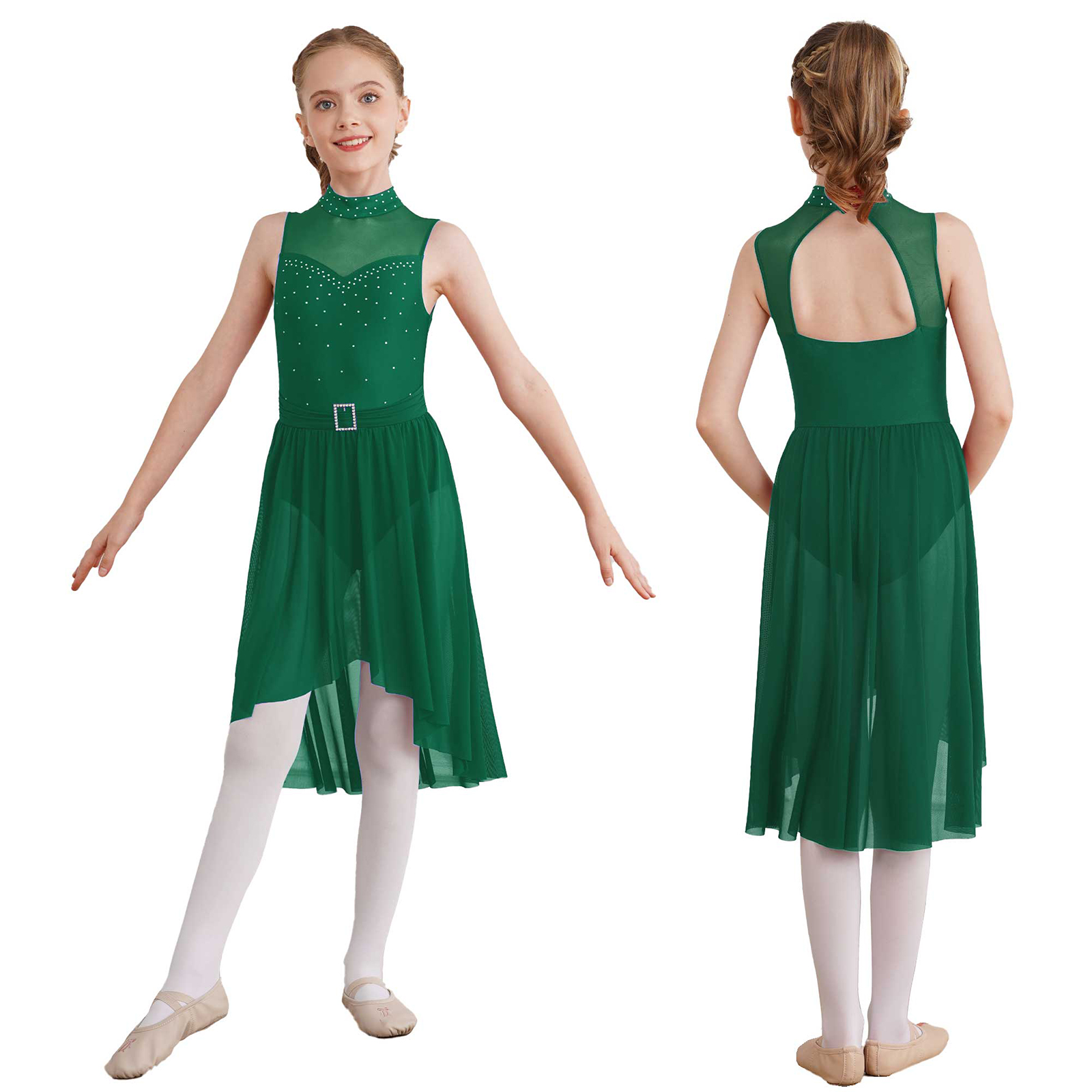Kinder Mädchen Lyrical Modern Dance Kleid Ärmellos Glänzend Strass Ballett Gymnastik Eiskunstlauf Trikot Kleid Bühne Dancewear – Detail 18
