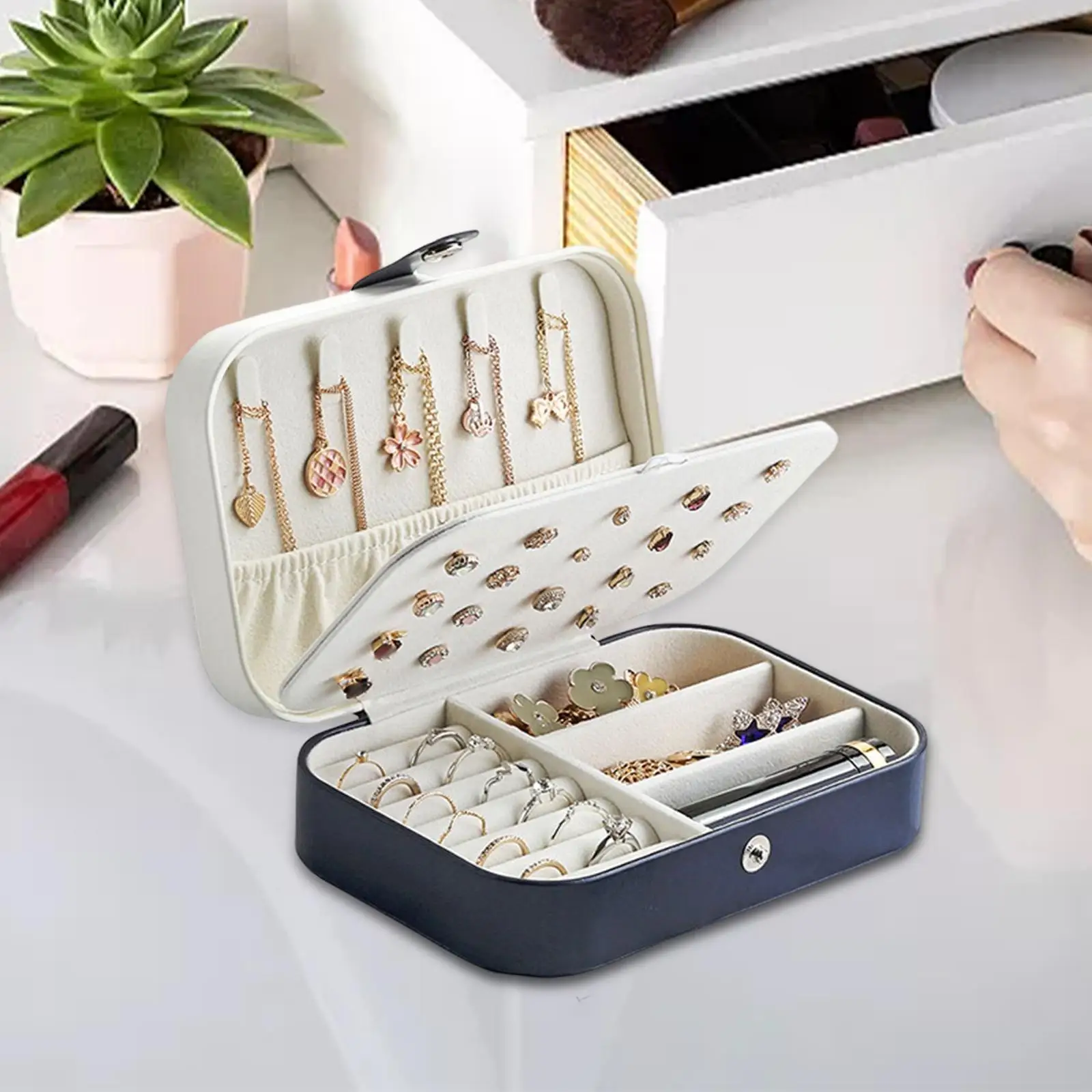 Small Jewelry Box Organizer 2 Layer PU Leather Travel Holder Storage Case for Ear Studs Watches Necklaces Girls Girlfriend