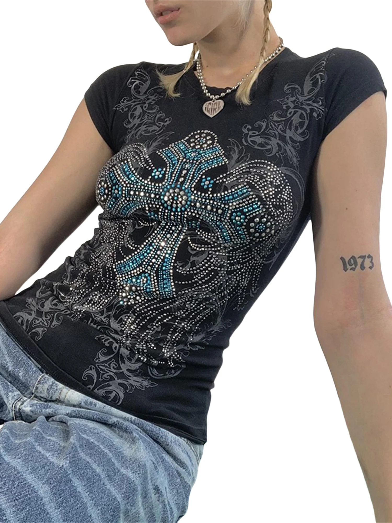 Women Y2K Rhinestone Cross T-shirt Short Sleeve Round Neck Retro Vintage Print Slim Crop Top Gothic Punk Streetwear