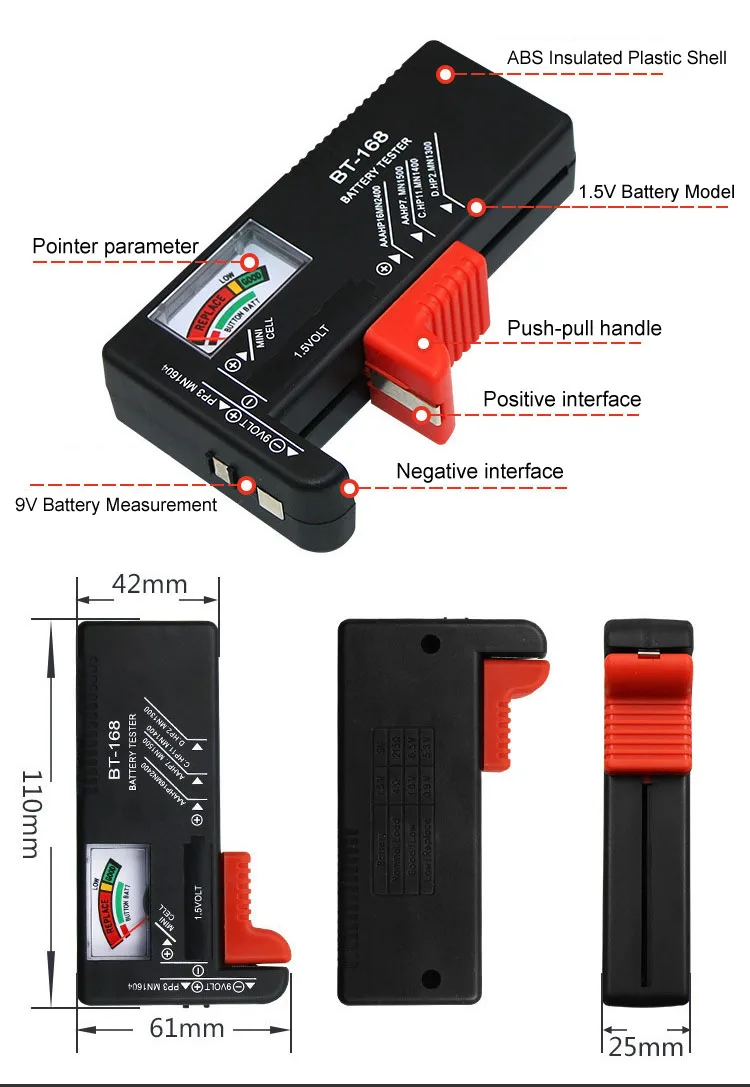 Portable BT168 Pointer Universal Digital Battery Capacity Tester LCD Display Checker Diagnostic For 9V 1.5V AA AAA Batteries