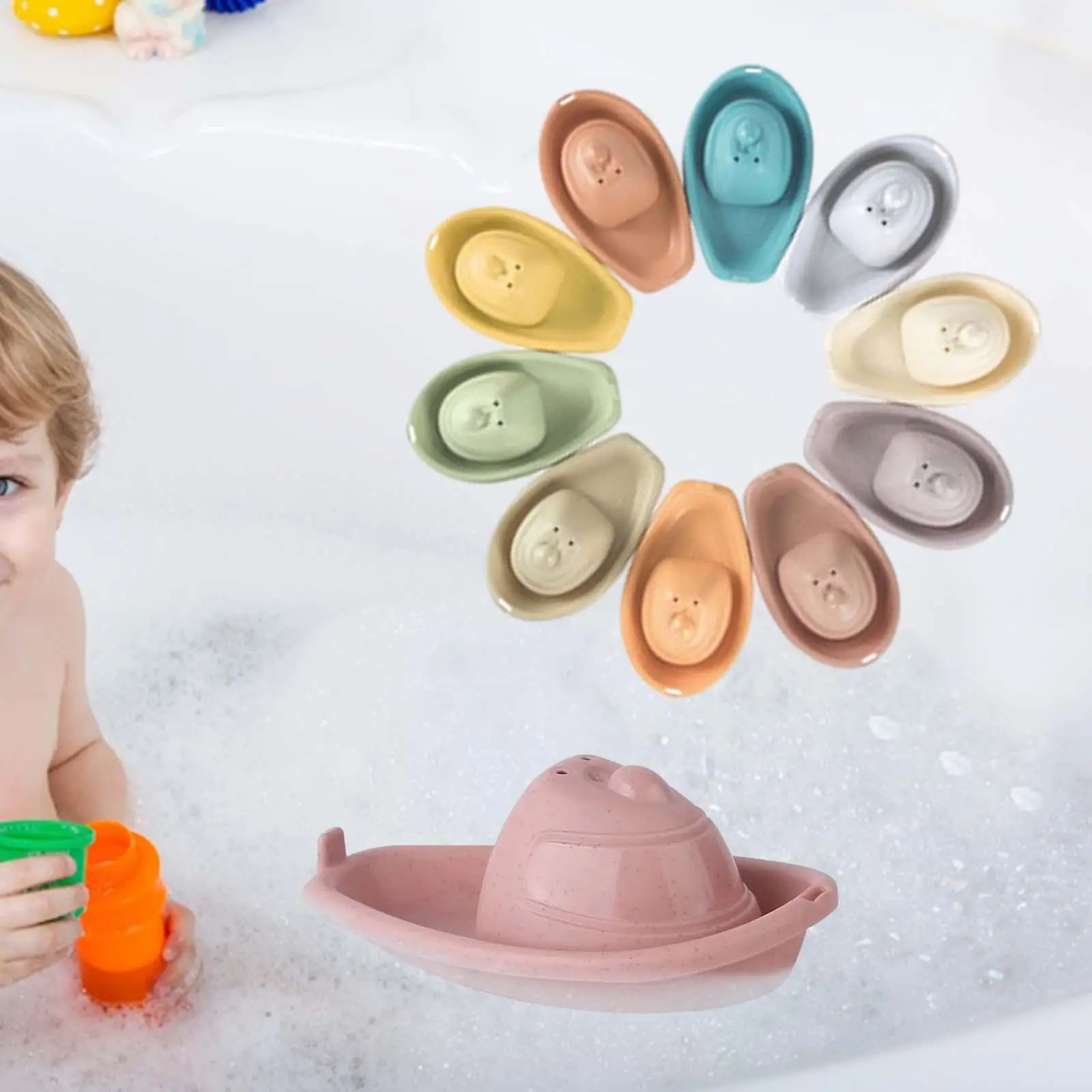 10Pcs Bath Toys Floating Boats Educational Water Table Toys Bath Tub Time Montessori Water Stacking Boat for Kids Preschool