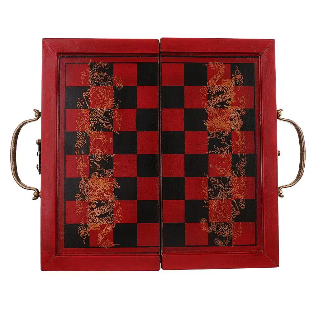 MagiDeal Folding Portable Antique Miniature Chinese Chess Board Games Wooden Table Chess Pieces Set Family Fun Collectibles