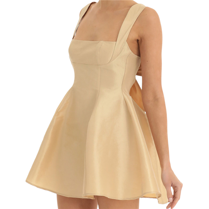 Satin Dress for Women Summer Solid Color Square Collar Sleeveless Backless A Line Mini Dress Elegant Party Dresses
