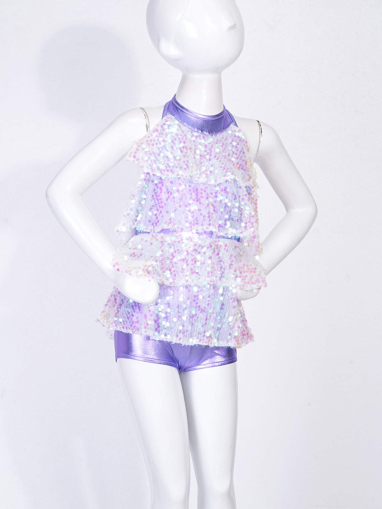 Kinder Mädchen Neckholder Glänzende Pailletten Moderne Jazz Latin Ballett Tanz Kostüm Shorty Ganzanzug Kleid Bühne Leistung Dancewear – Detail 7