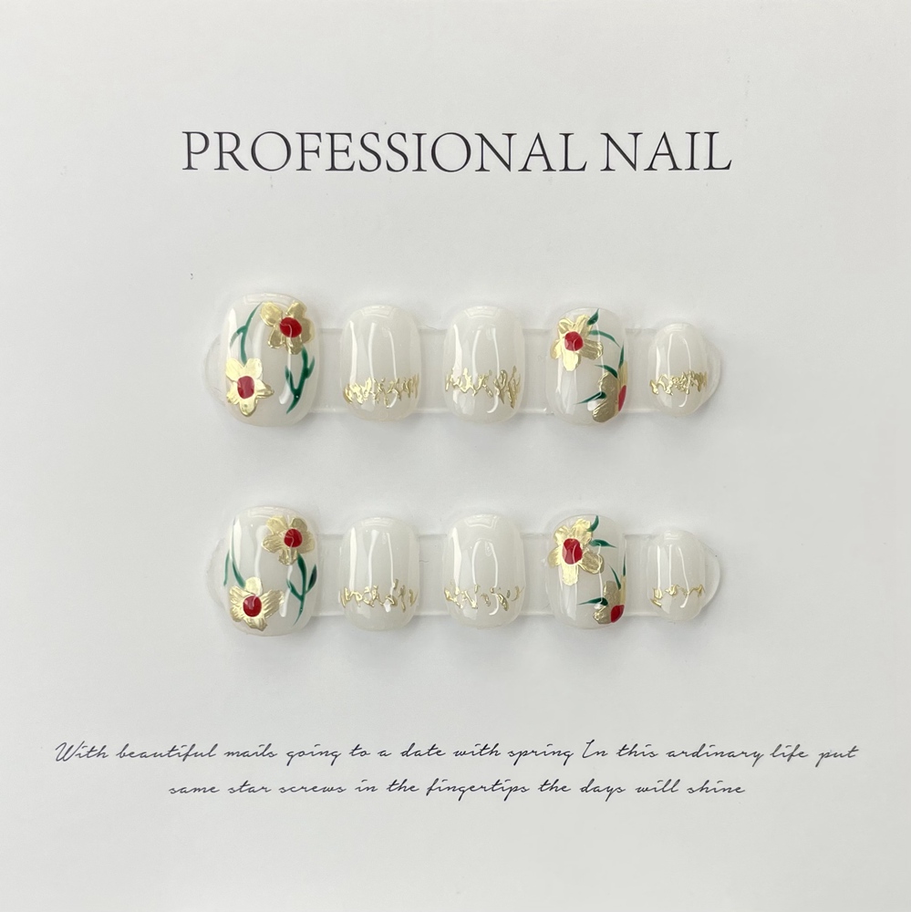 Description Picture 3 of itemHandmade Short Nails Press on Korean White Partysu Hand Painted Design False Nail with Glue Artifical Nail Tip Nail Art for Girl