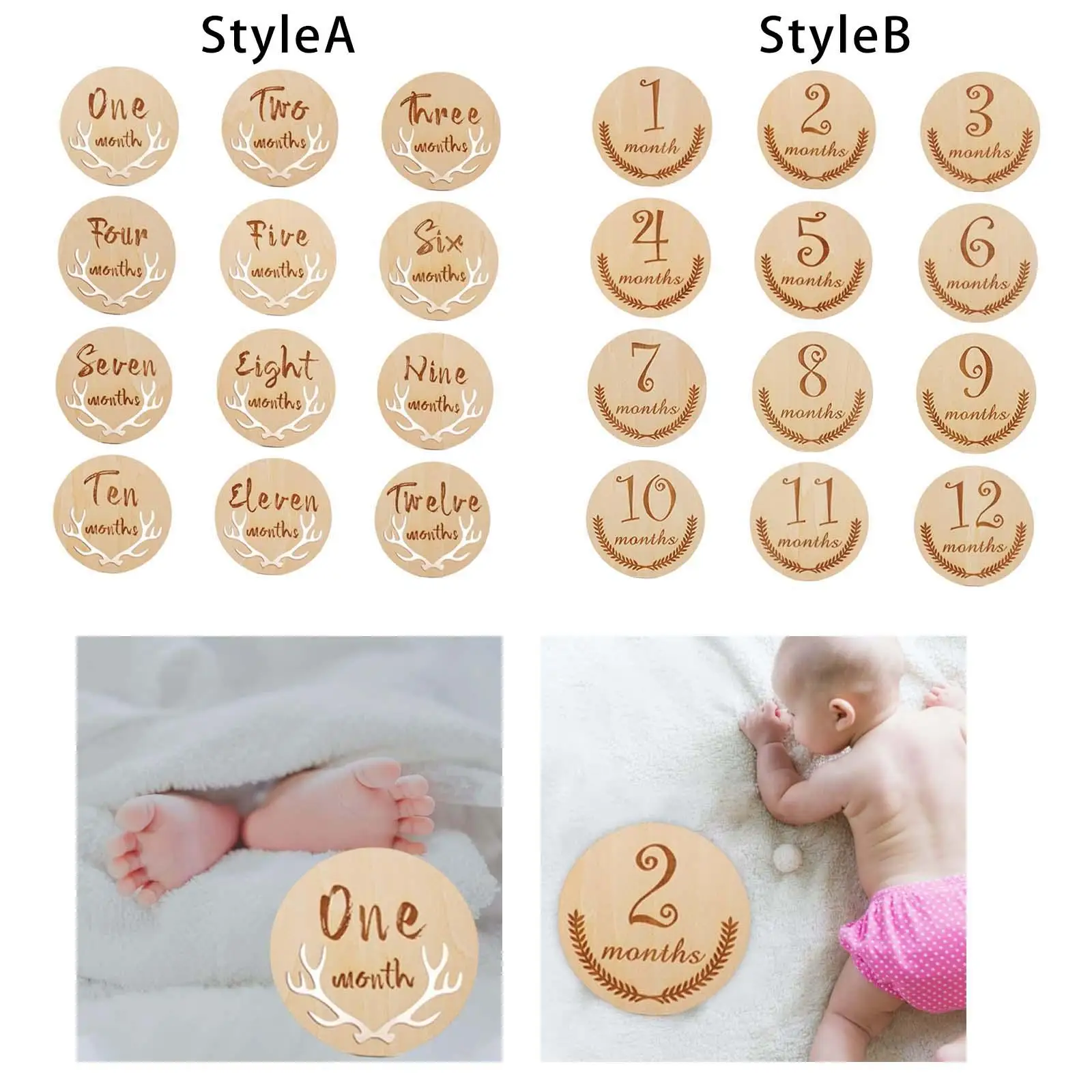 12x Simple Baby Milestone Cards Monthly Cards Newborn Photography Props Engraved Milestone Discs for Commemorate Baby Birth Toy