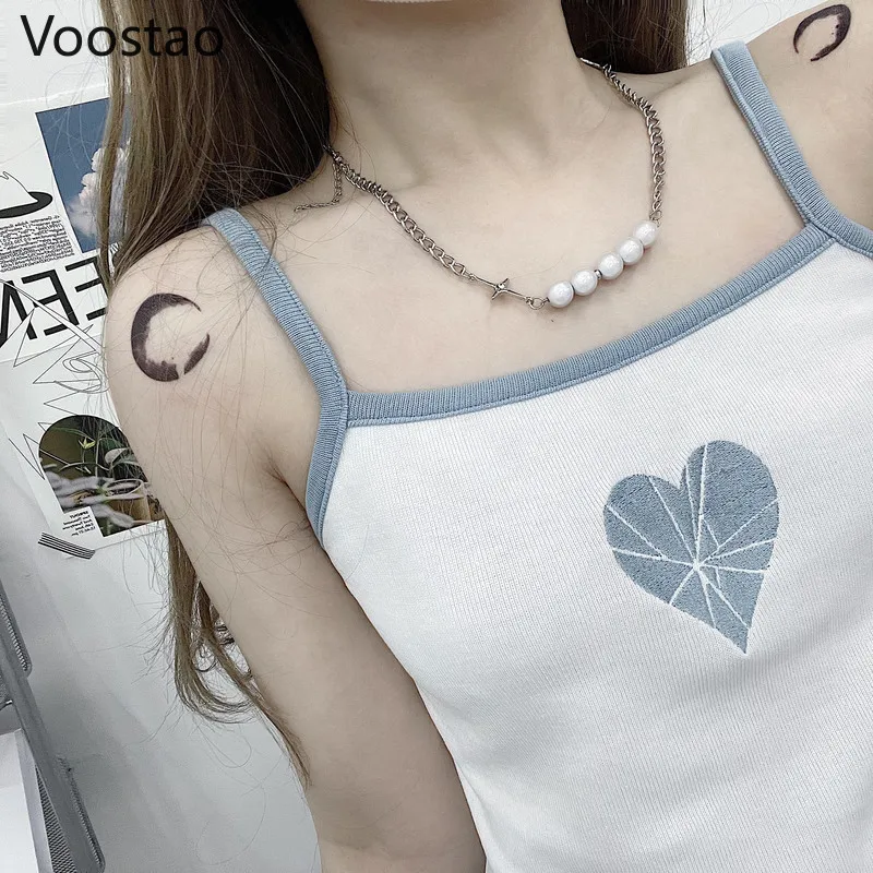 Summer Sweet Tank Top Women Sexy Cute Heart Embroidery Sleeveless Beach Camisole Girls Gothic Tees Kawaii Y2k Basic Crop Tops cheap bras