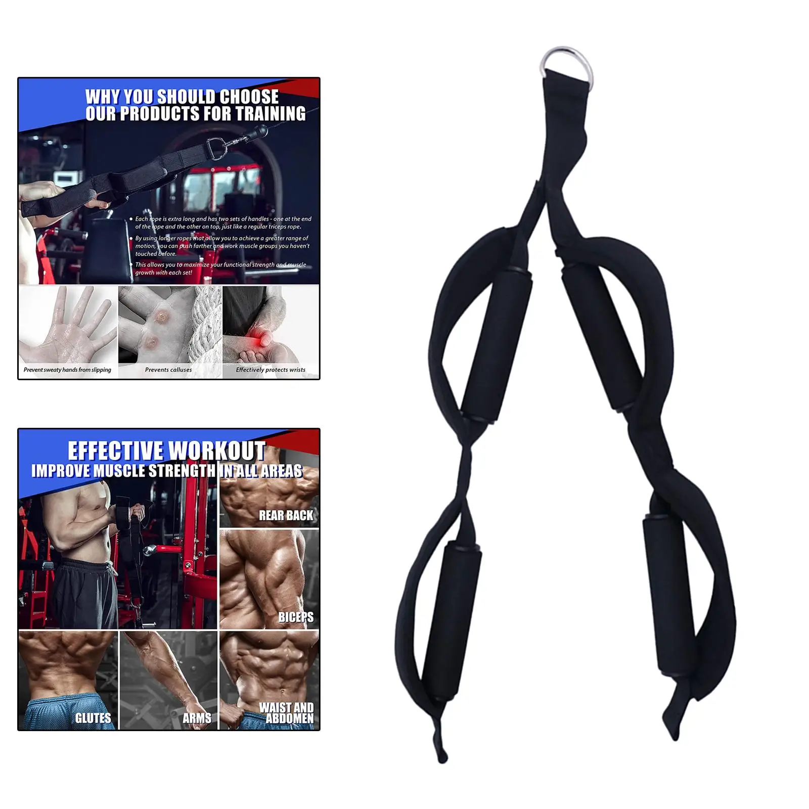 Cable Attachment Tricep Bicep Rope Pully Handles Strap Gym Accessory Equipment