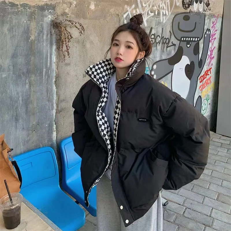 2022 Winter Down Cotton Jacket Women Zipper Loose Padded Coat Female Solid Thickening Warm Puffer Parkas Jackets Black White