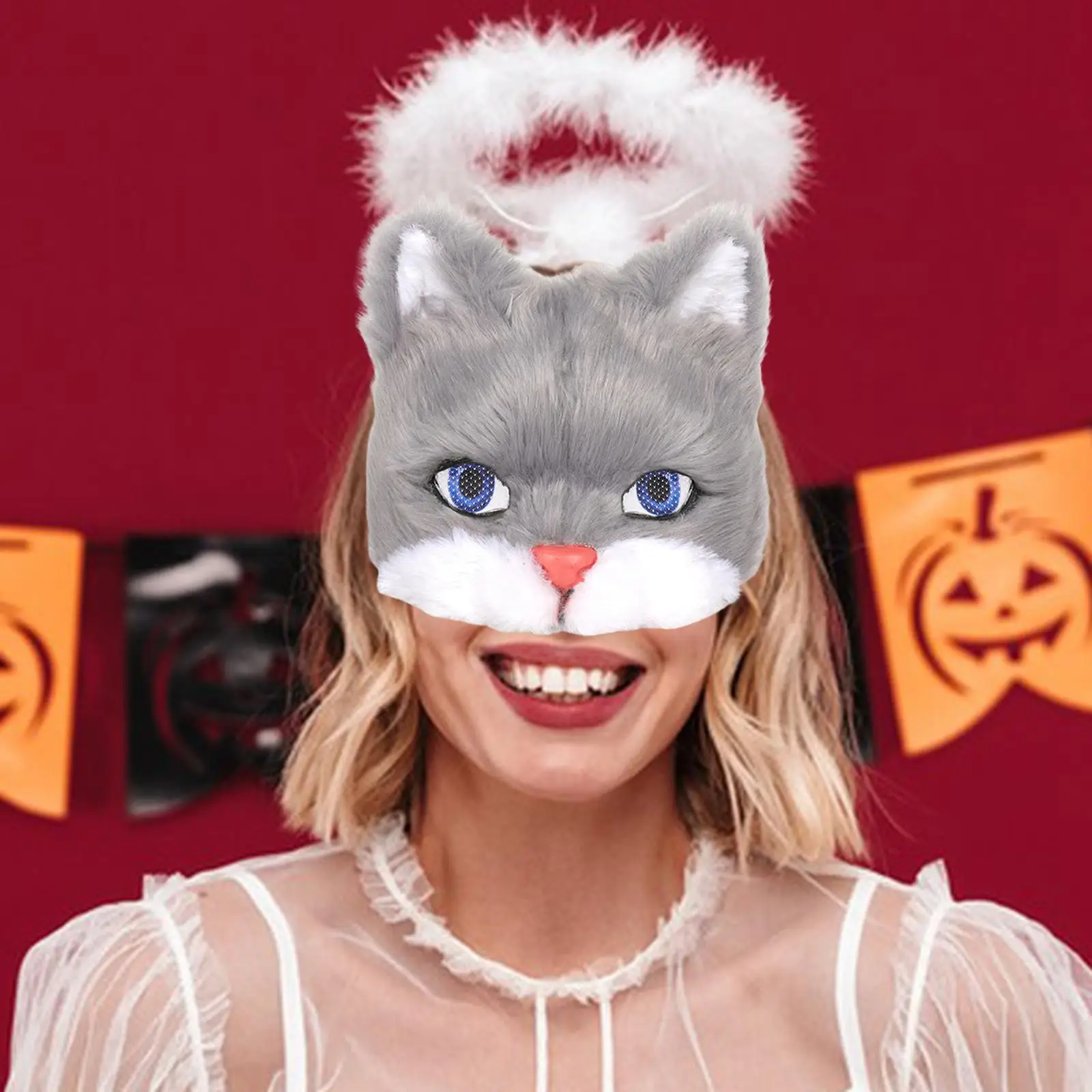 3D Plush Cat Mask Half Face Animal Mask for Kids Adults Eye Mask for Carnival Halloween Stage Performance Easter Party