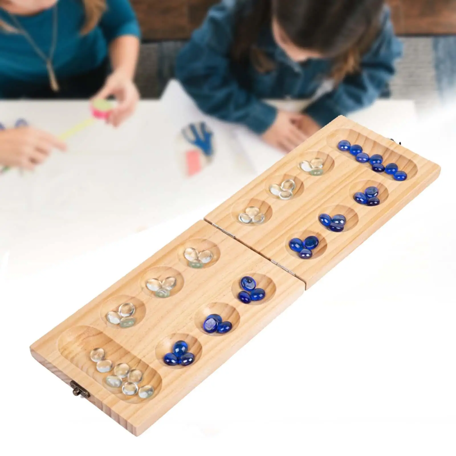 Wood Folding Mancala Board Game Portable Classic 48 Beads Set for Travel Adult Kids Ages 7+ Party Entertainment