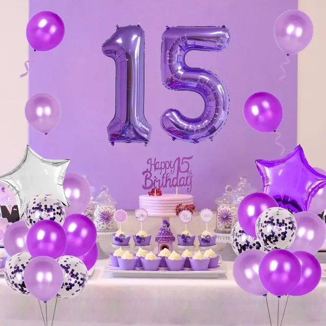 YMEMO-Décorations de chaîne pour filles, fournitures de fête, bannière joyeux  anniversaire, ceinture, ballons numéro 15, violet, 15e anniversaire -  AliExpress