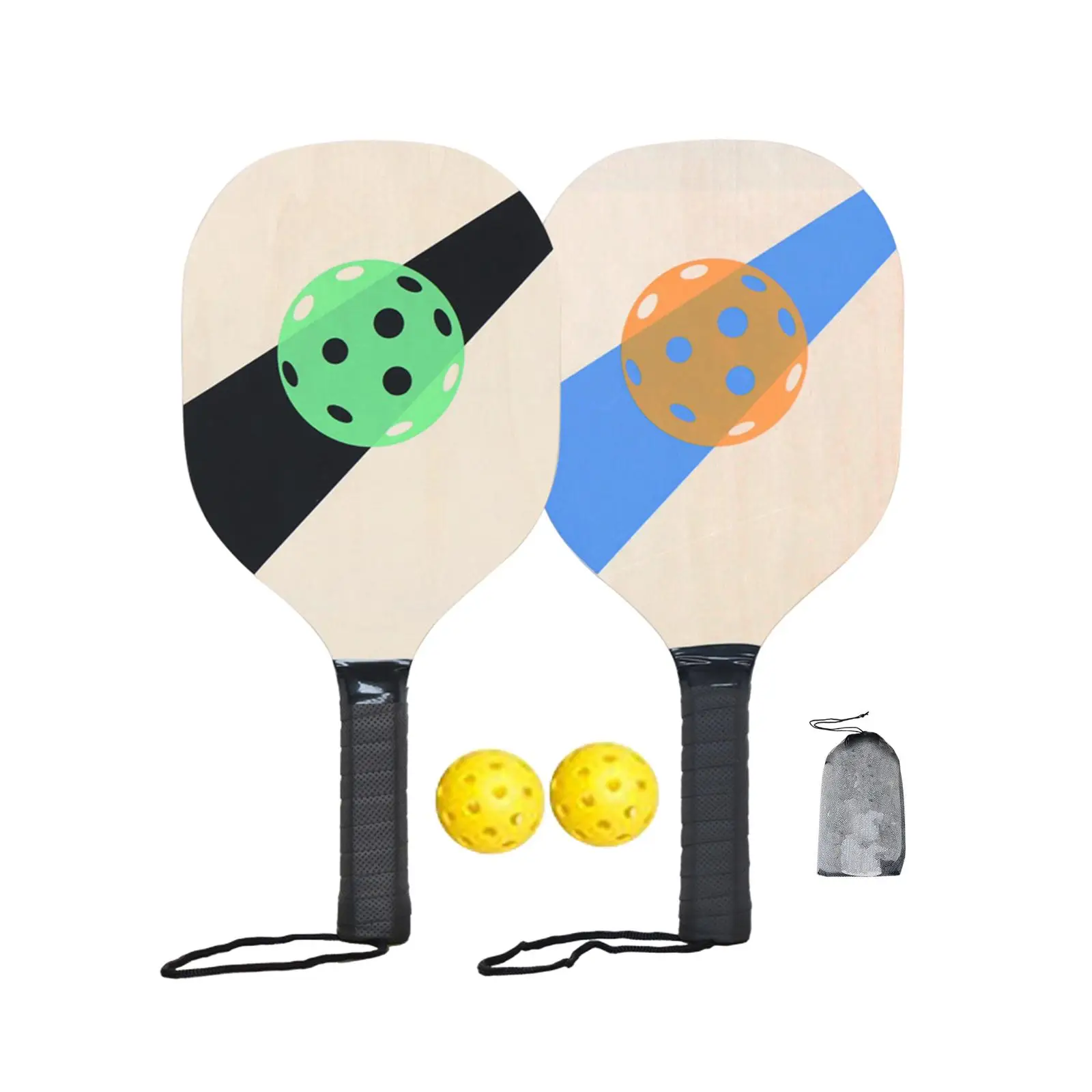 Wooden  Set 2 Paddles 2 Pickle Balls Beginner Racket Portable with
