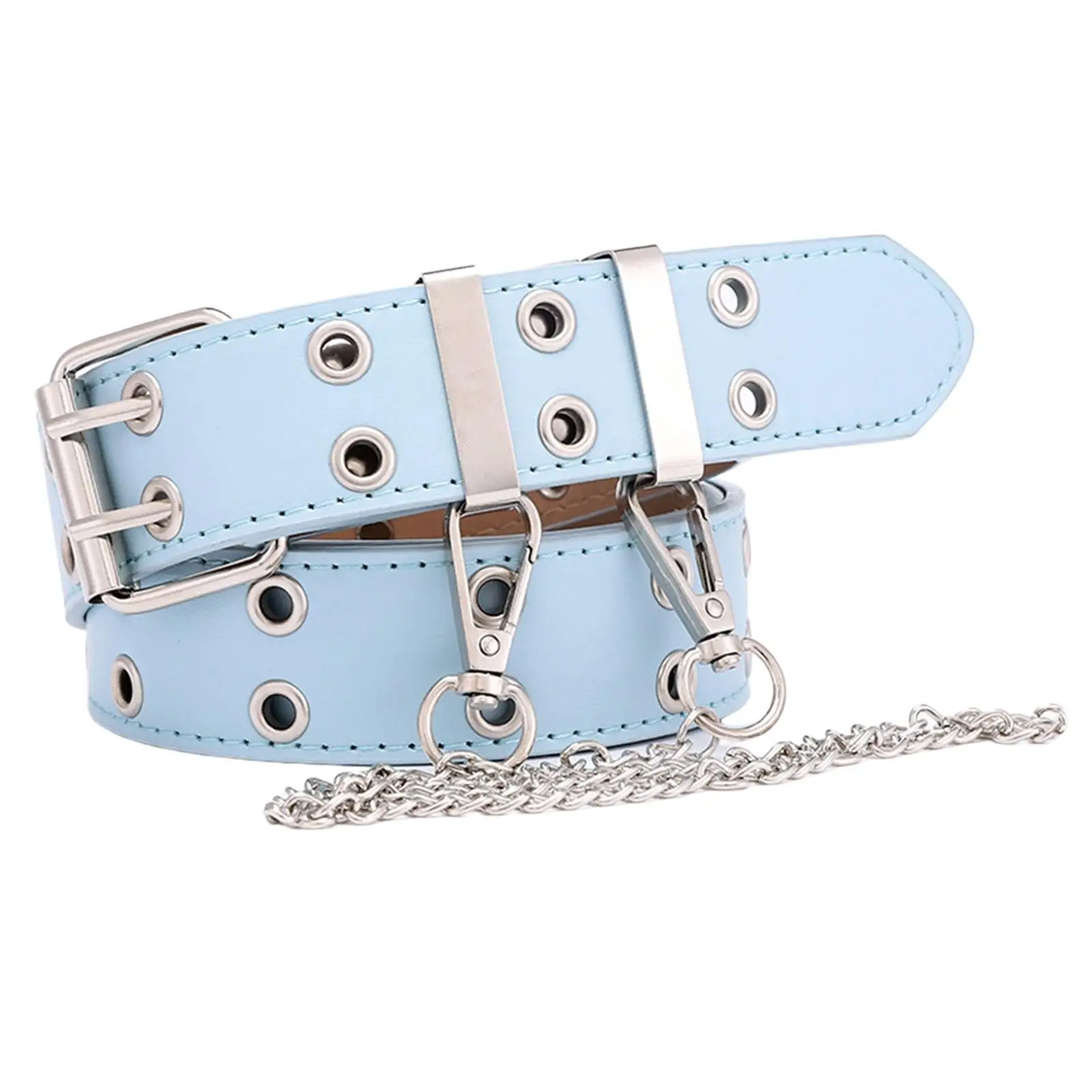 Womens Punk Leather Belt Hollow Double Grommet Waist Strap with Metal Chain