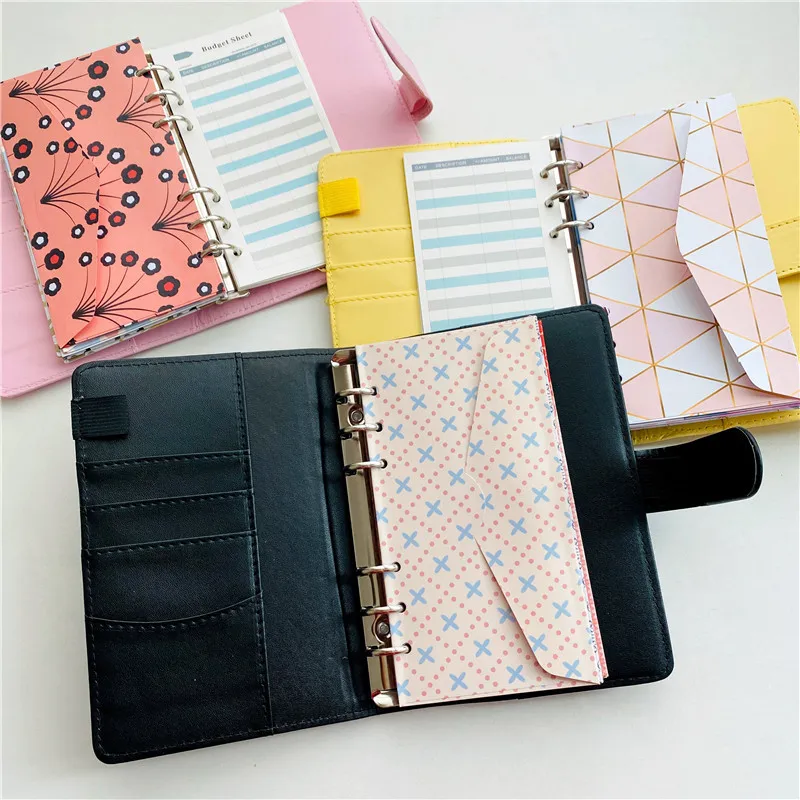Loose Leaf Bags Budget Envelope System Khaki 12pcs Clear Plastic Binder Envelopes with PU Leather Notebook Binder 