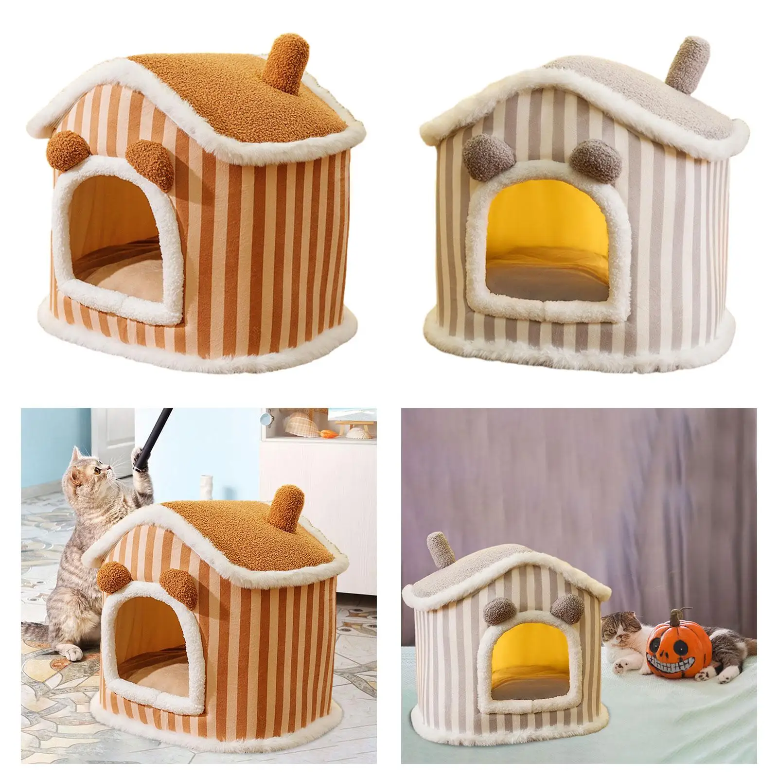 Lovely Cat Bed House Warm Removable Pet Cushion Indoor Cats Soft Cats Tent Anti Slip Bottom Kitten Kitty Shelter Huts Pet Bed