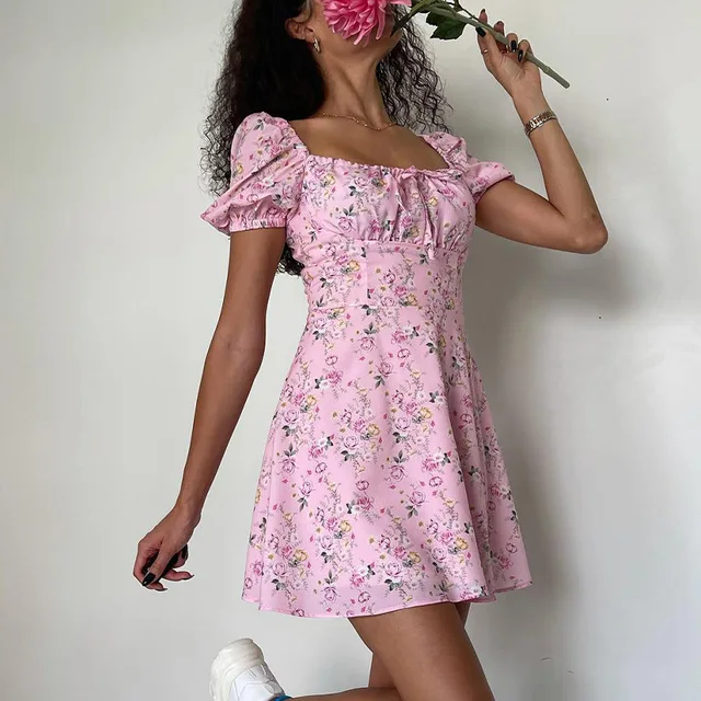  vbnergoie Womens Summer Casual Dress Short Sleeve Elegant  Crewneck Flower Pattern Dress Fresh Fashion Boho Pocket Dress Pink : Ropa,  Zapatos y Joyería