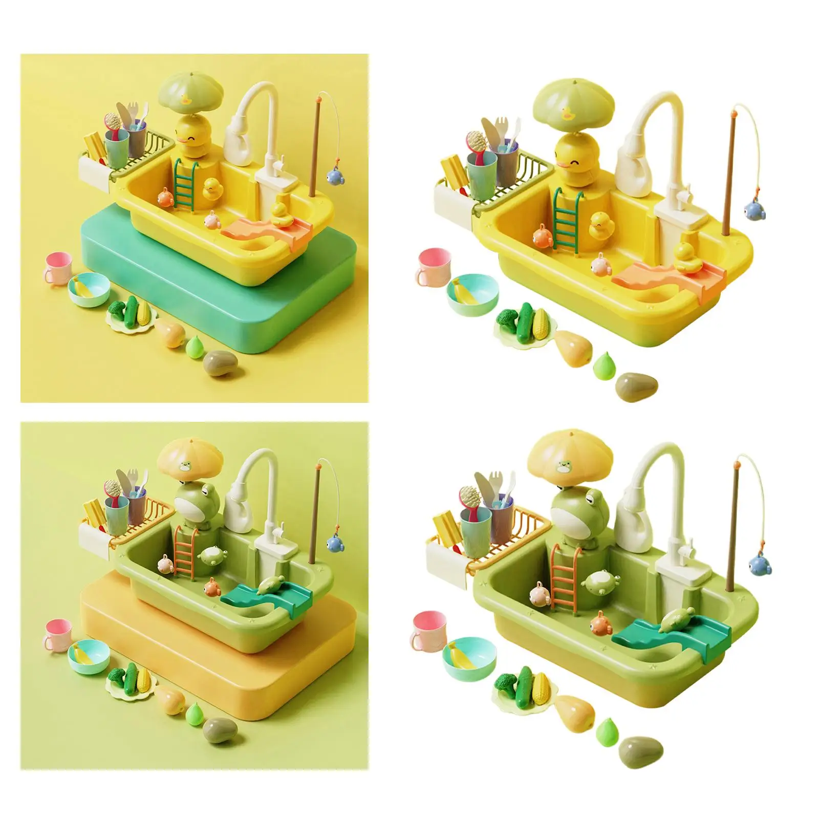 Kitchen Sink Toys Automatic Water Cycle System Pretend Play Faucet and Dishes Playset for Unisex Girls Boys Gifts