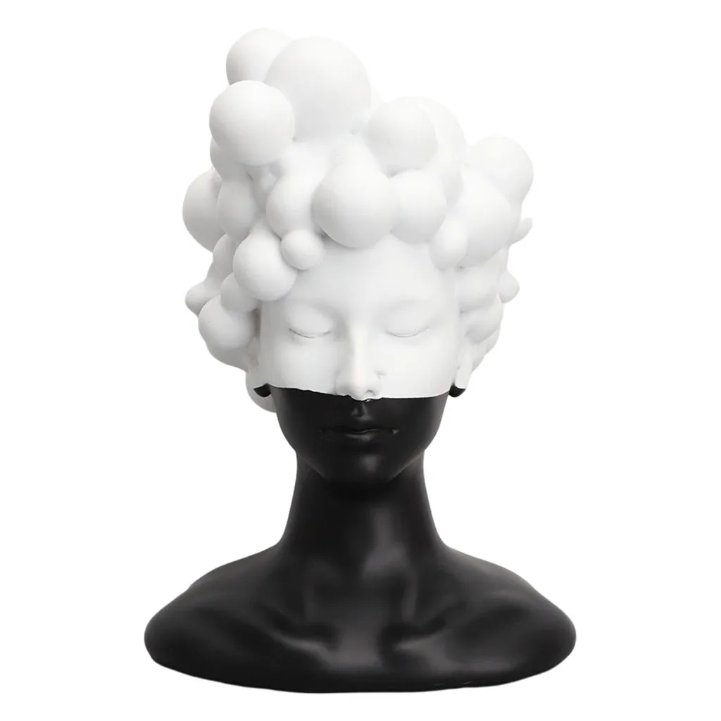 Resin Artwork Black and White Girl Head Sculpture Figurine Decorative Statue