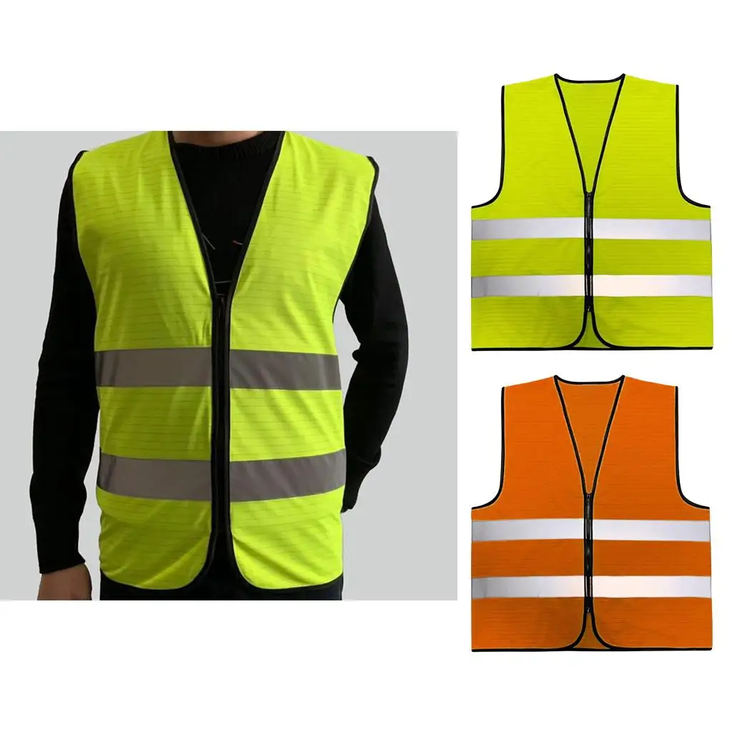 Anti-static High Visibility Zipper Front Safety Vest With Reflective Strips, Premium, 2 Colors Optional