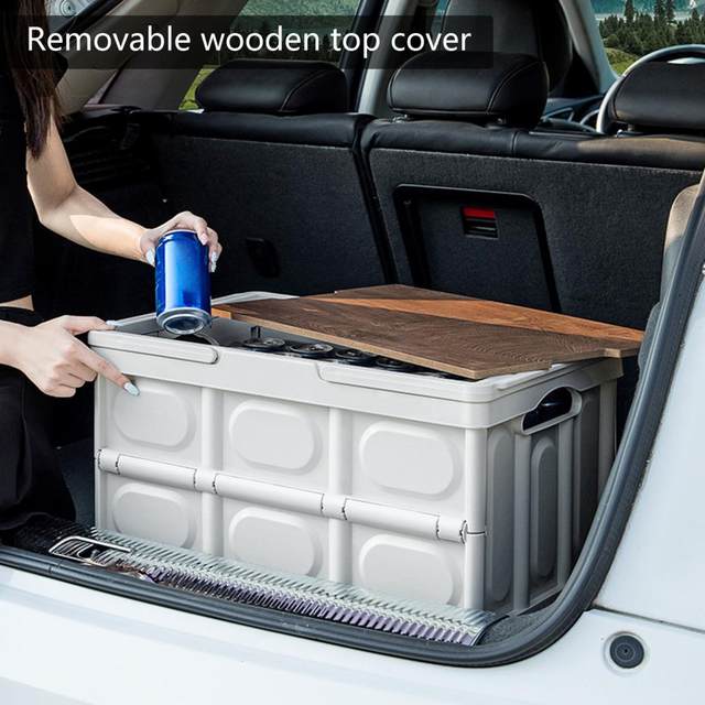 Vearear Outdoor Folding Box Removable Wooden Board Top Lid Large Capacity Multifunctional Storage Portable Camping Car Trunk Storage Box Home Clothes