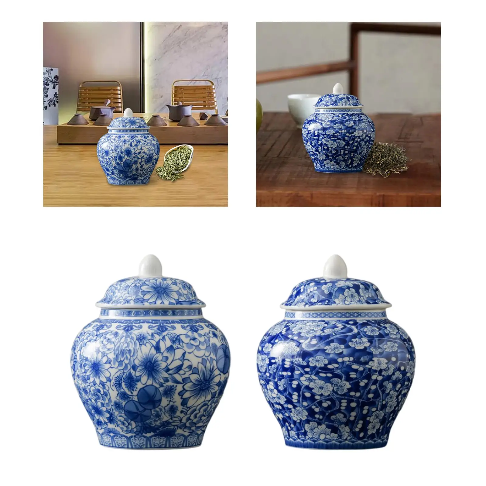 Tea Canister Floral Handicraft Table Centerpieces Oriental Style Home Decoration Blue White Porcelain Ginger Jar Decorative Vase