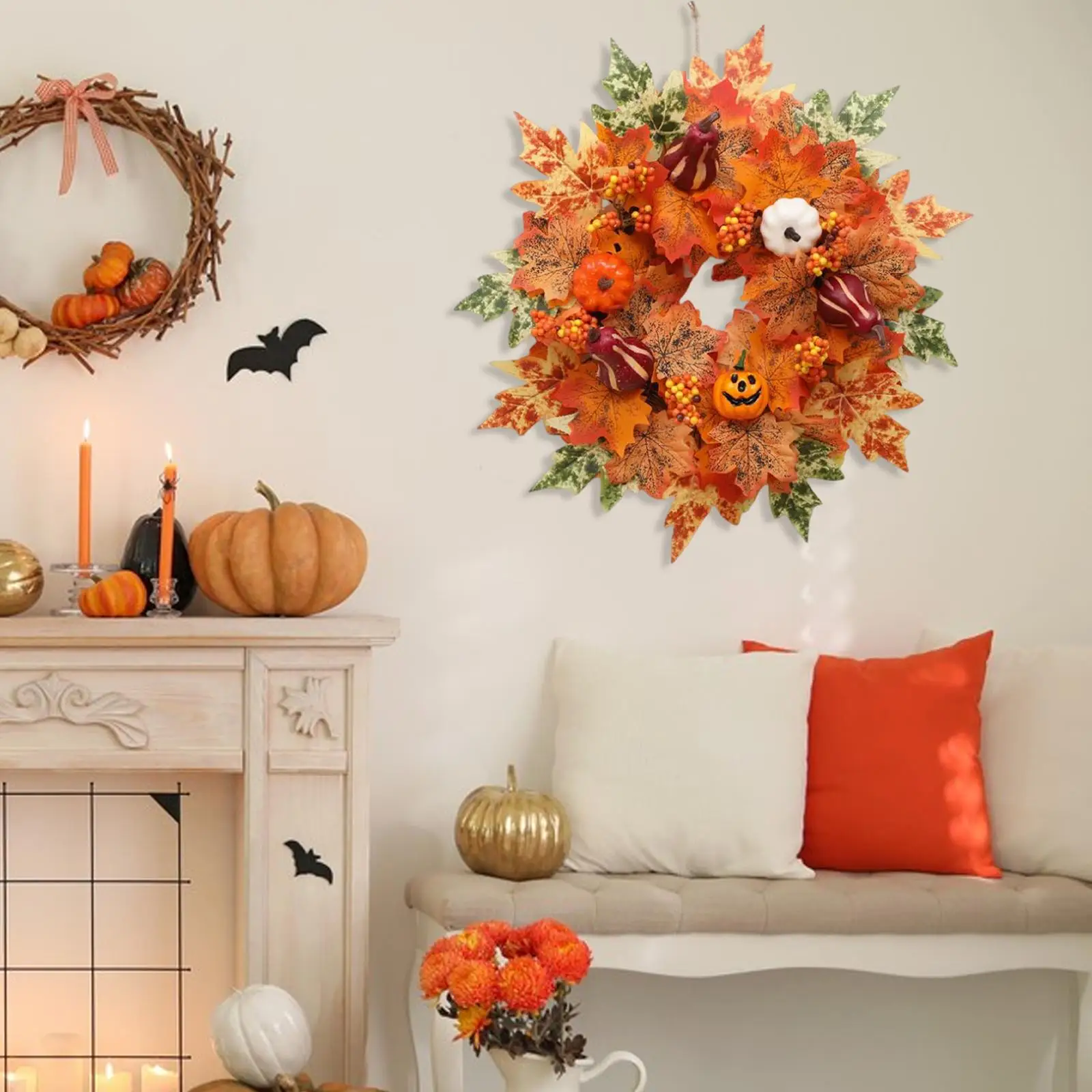 Fall Wreath Hanging with Pumpkins Autumn Wreath for Festival Party Halloween
