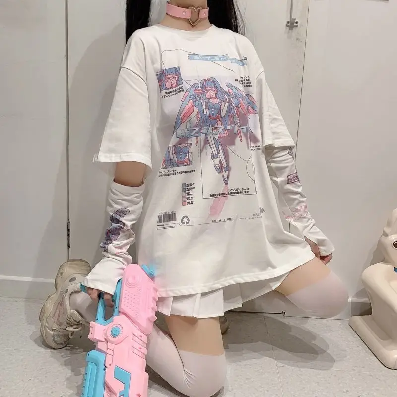 QWEEK Anime Graphic T Shirts Women 2022 Egirl Summer Split Sleeves Tees Shirt Femme E Girl Top Mujer Alt Clothes Aesthetic vintage t shirts