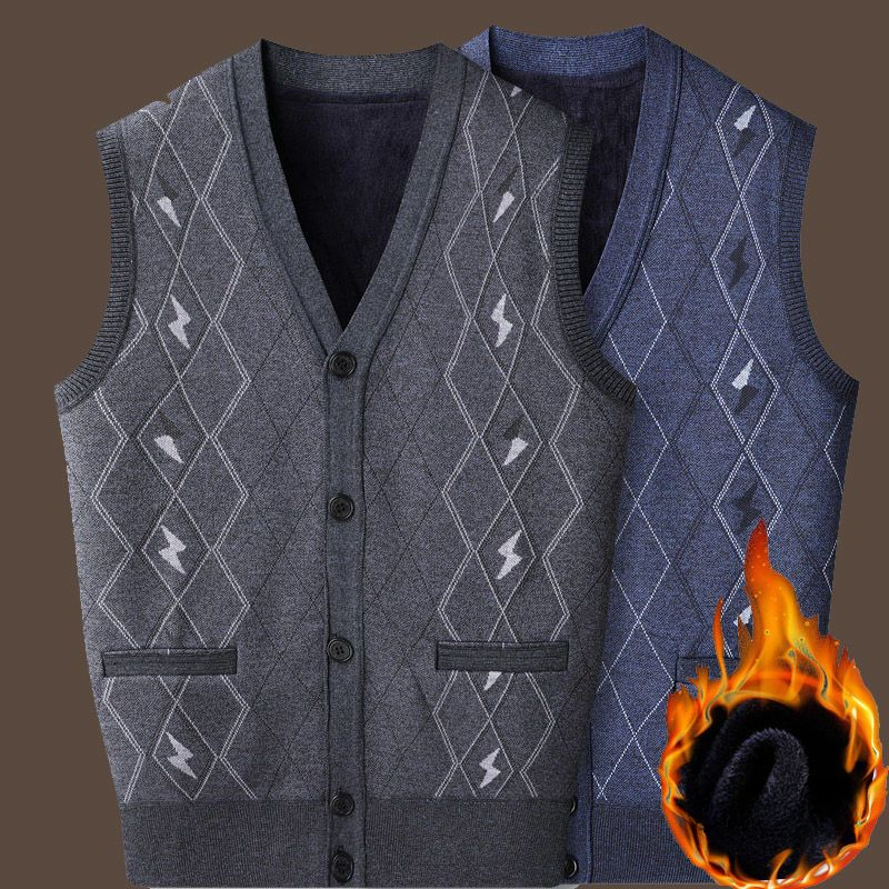 Description Picture 4 of itemMen 2024 Autumn Winter New Knitted Sleeveless Coats Male Plaid Button Sweater Tank Top Men's V Neck Cardigan Loose Vest D672
