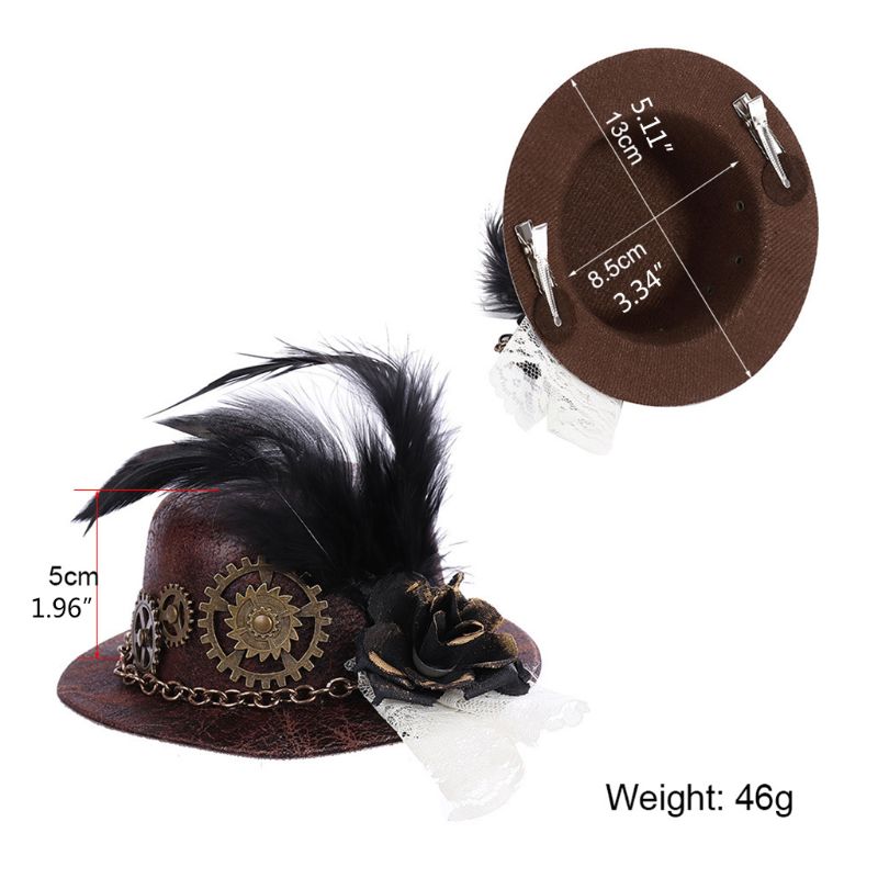 Frauen Mädchen Vintage Mini Top Hut Steampunk Haar Clip Gears Feder Goth Headwear – Detail 6