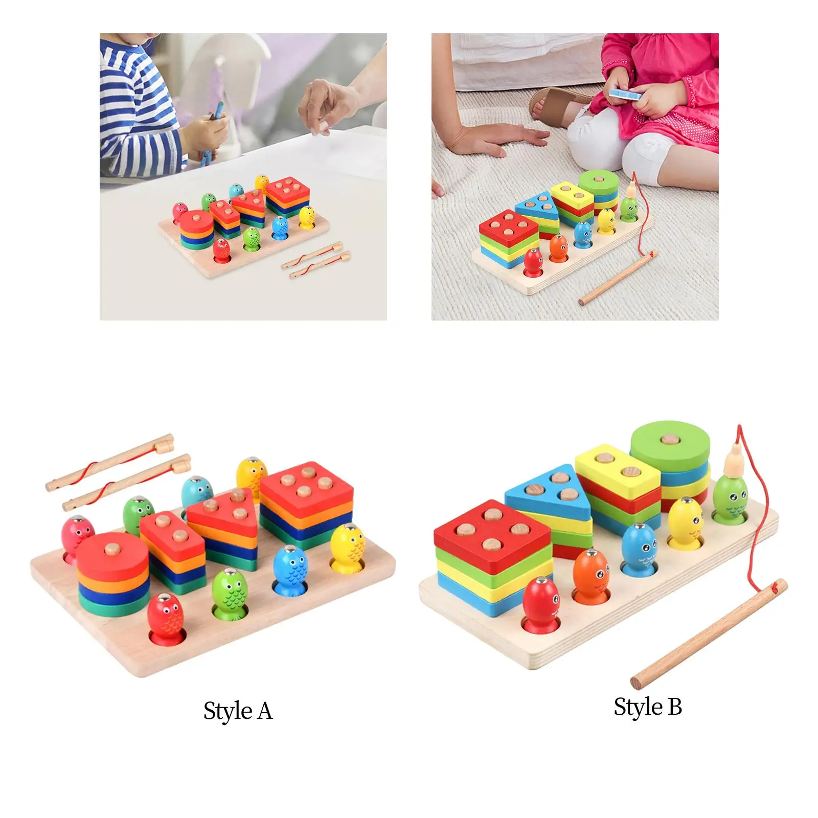 Wooden Sorter Stacking Toy Geometric Shapes Toy Puzzles Develop Fine Motor Skill Fishing Game Toy for Boy Preschool Kids Girls