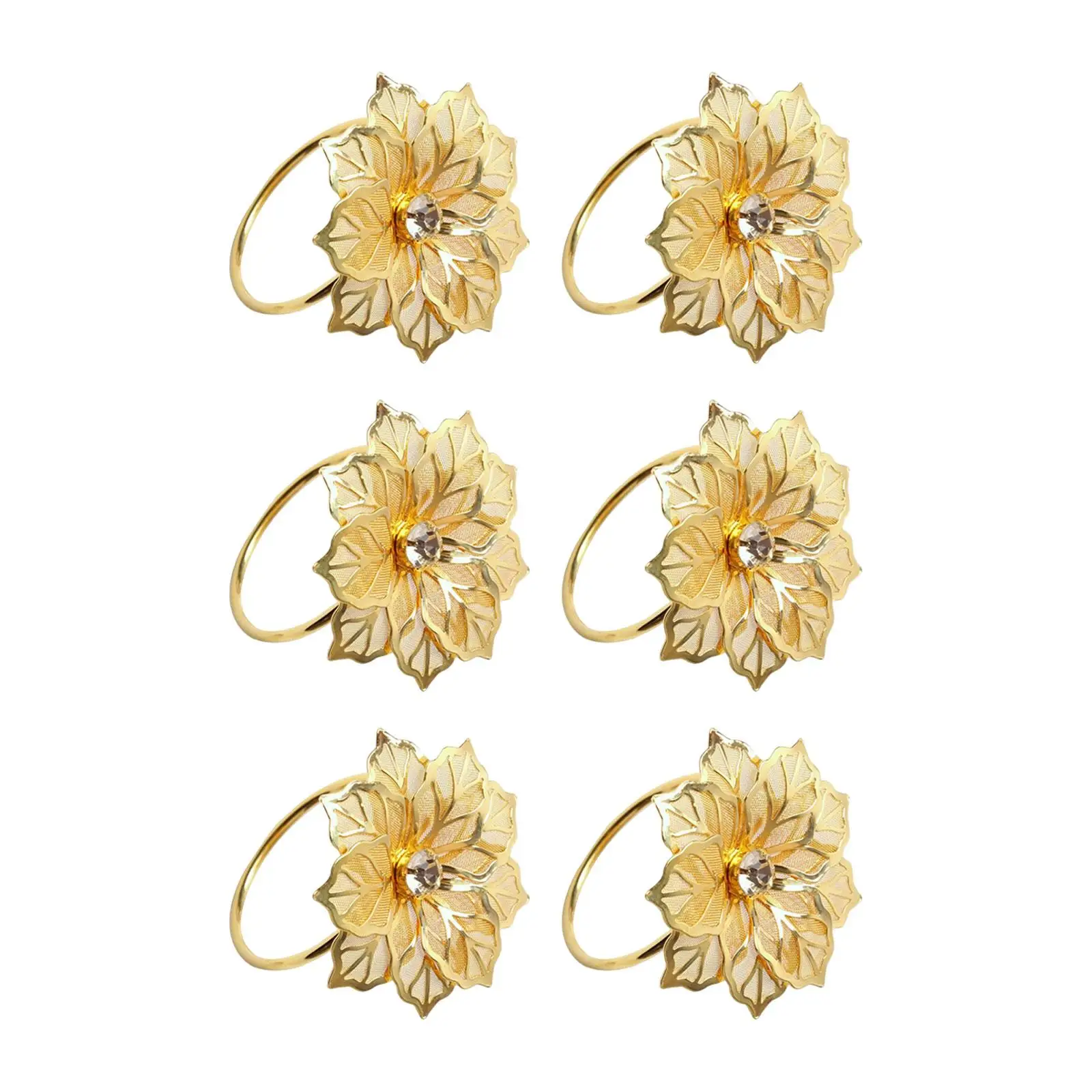 6Pcs Flowers Napkin Rings Decoration Floral Crafts Rhinestone Serviette Buckles for Dining Birthday Hotel Thanksgiving Holiday