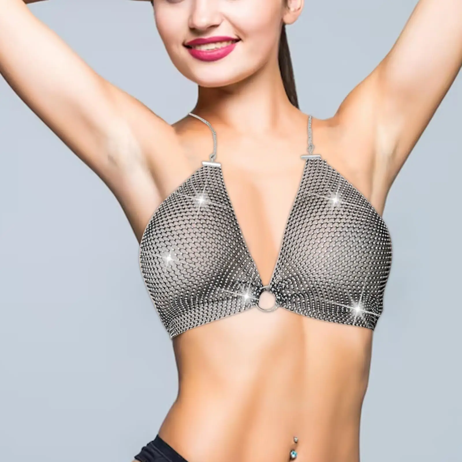 Rhinestone Crop Top Halter Deep V Neck Bikini Strap Camis Black Shiny Camisole Body Chain for Rave Clubwear Women
